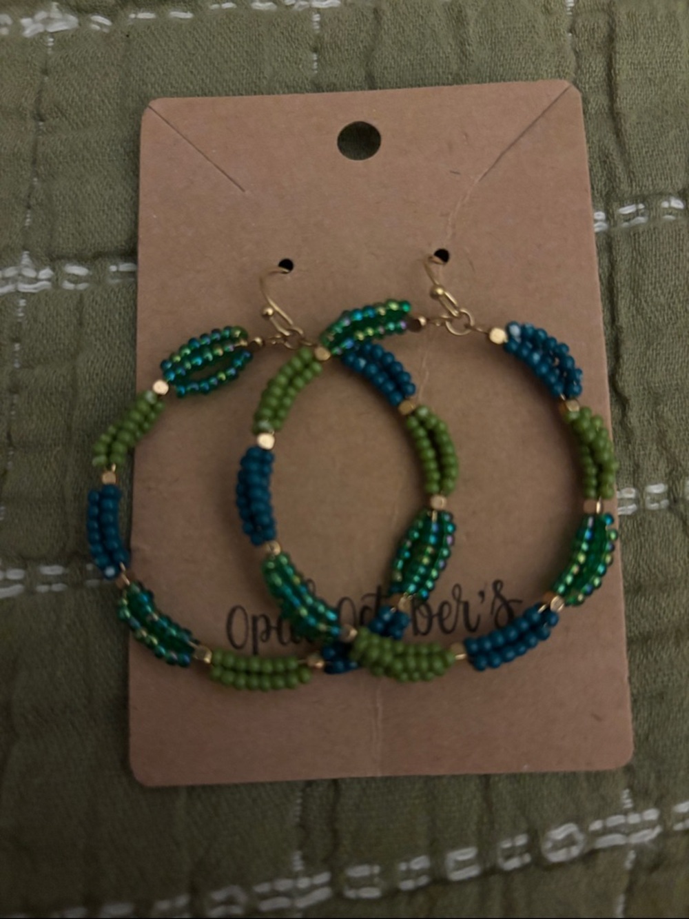 Beaded Blue & Green Hoop Earrings by